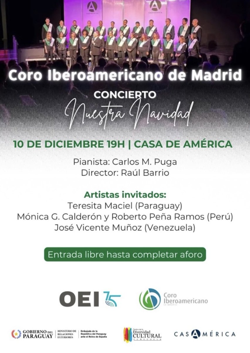 🎶Una noche mágica con música coral iberoamericana, polcas, guaranias y villancicos paraguayos✨
📍Casa de América - Anfiteatro Gabriela Mistral
🗓️ Martes 10 de diciembre
⌚ 19:00 h
🎟️ Entrada libre hasta completar aforo.