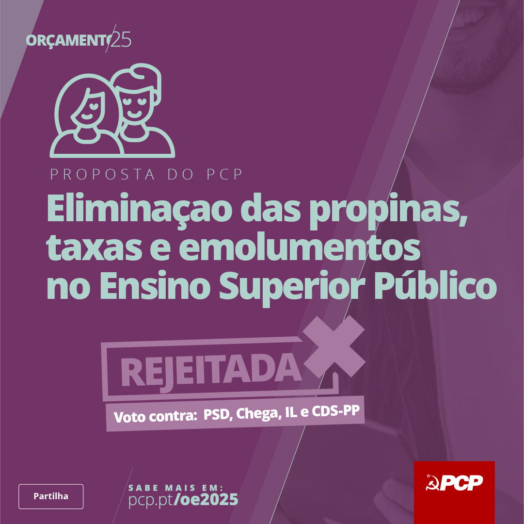 pcp_pt's tweet photo. ❌A proposta do PCP "Fim das propinas, taxas e emolumentos no ensino superior público", foi chumbada com os votos contra do PSD, CHEGA, IL e CDS-PP.

Para o PCP o Ensino Superior Público tem de ser um investimento nacional coletivo e não um investimento individual do estudante que o frequenta.👩‍🎓

A responsabilização dos governos pelo financiamento do Ensino Superior via Orçamento do Estado e a gratuitidade do Ensino Superior Público é um passo certeiro na direção do aprofundamento da democracia e ferramenta da criação e a difusão do conhecimento ao serviço do desenvolvimento coletivo.

Conhece a proposta👇
https://t.co/EBE8f5xCoo