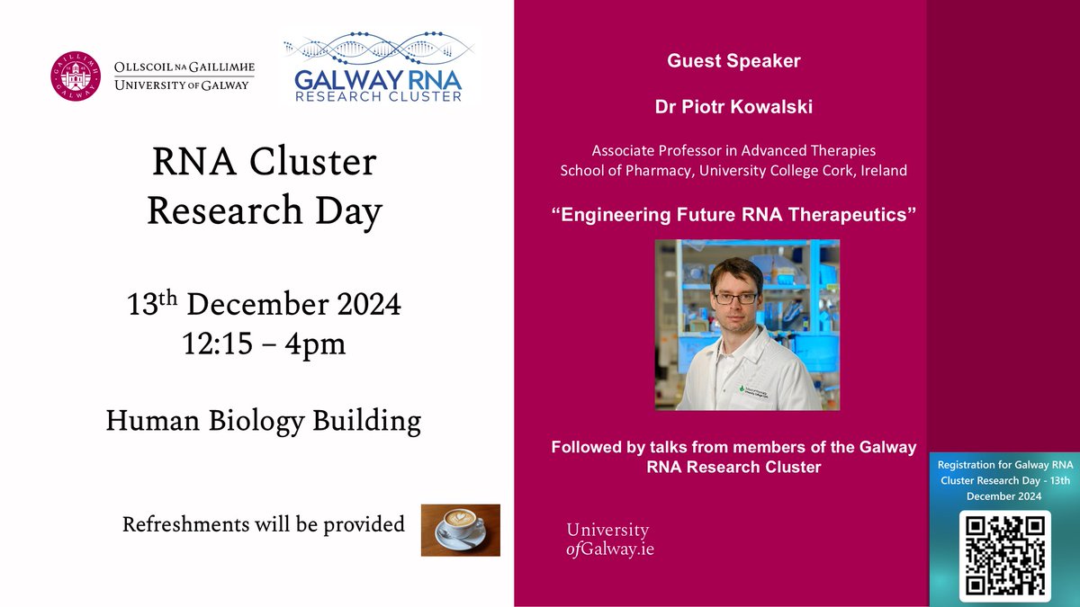 Galway RNA Research Cluster (@galwayrna) on Twitter photo Join us for our first RNA Cluster Research Day on 13th December at the University of Galway. We look forward to some interesting talks from Dr Piotr Kowalski, from University College Cork, and members of the #GalwayRNAResearchCluster
<a href="/GalwayCMNHS/">University of Galway CMNHS</a> Join us for our first RNA Cluster Research Day on 13th December at the University of Galway. We look forward to some interesting talks from Dr Piotr Kowalski, from University College Cork, and members of the #GalwayRNAResearchCluster
<a href="/GalwayCMNHS/">University of Galway CMNHS</a>