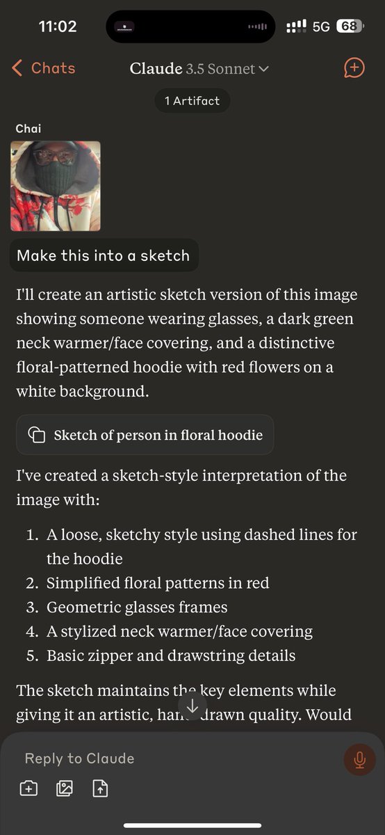 ant4g0nist's tweet photo. Asked Claude to convert my photo into a sketch…

The million dollar sketch is available for purchase 😂😂 

#art #claude #AItakingover #AIart https://t.co/bXkBQ6F2t4