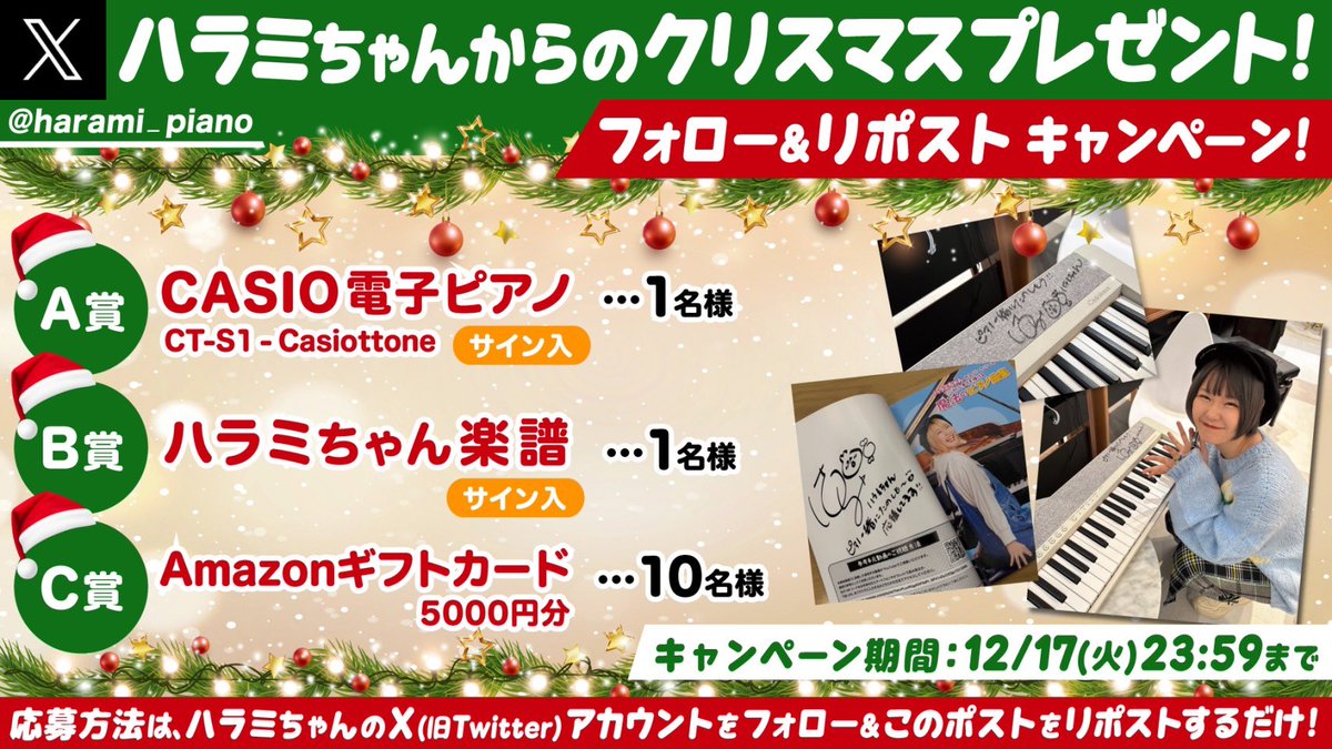 【#リポストキャンペーン♻️】
みんなにクリスマスプレゼントじゃ～🎅🎄✨

ハラミサイン付✏️電子ピアノ🎹
Amazonギフトカード etc
豪華賞品プレゼント🎁

📝応募方法
1⃣ハラミちゃん(<a href="/harami_piano/">ハラミちゃん🍖🎹</a>)フォロー
2⃣本投稿をリポスト

⚠️締切12/17(火)23:59

※当選者のみ後日DMいたします