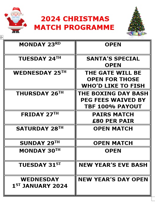 Tunnel Barn Farm (@tunnelbarnfarm) on Twitter photo CHRISTMAS PROGRAMME REMINDER
Here's a reminder of our programme of matches over the festive period. To get booked on to any of the matches then either give us a ring on 01926 842188 or email admin@tbftackle.com.
<a href="/TunnelBarnFarm/">Tunnel Barn Farm</a> <a href="/hotfishin/">Hot Fishin’</a> @matchfishing CHRISTMAS PROGRAMME REMINDER
Here's a reminder of our programme of matches over the festive period. To get booked on to any of the matches then either give us a ring on 01926 842188 or email admin@tbftackle.com.
<a href="/TunnelBarnFarm/">Tunnel Barn Farm</a> <a href="/hotfishin/">Hot Fishin’</a> @matchfishing