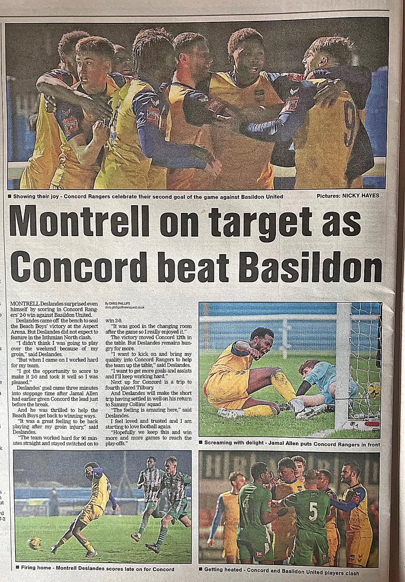 NickyHayesPhotos (@nickyhayesphoto) on Twitter photo Superb Page Lead story by <a href="/CJPhillips1982/">Chris Phillips</a> in today's <a href="/Essex_Echo/">Essex Echo</a> on <a href="/ConcordRangers/">Concord Rangers FC</a> great 2-0 victory over local rivals <a href="/BasUtdFC/">Basildon United Football Club ๐</a> at the weekend <a href="/MontrellDeslan1/">Montrell Deslandes</a> <a href="/IsthmianLeague/">The Pitching In Isthmian League</a> #LovePhotography Superb Page Lead story by <a href="/CJPhillips1982/">Chris Phillips</a> in today's <a href="/Essex_Echo/">Essex Echo</a> on <a href="/ConcordRangers/">Concord Rangers FC</a> great 2-0 victory over local rivals <a href="/BasUtdFC/">Basildon United Football Club ๐</a> at the weekend <a href="/MontrellDeslan1/">Montrell Deslandes</a> <a href="/IsthmianLeague/">The Pitching In Isthmian League</a> #LovePhotography