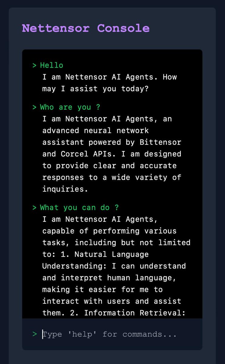 nettensor's tweet image. We’re excited to present the initial demo for AI Agents on Nettensor.
For specific AI applications, you can explore the AI Agents Maker Tab for creating tailored AI functionalities.
For general AI usage, access the Nettensor Console conveniently located:
PC: Rightmost tab.…