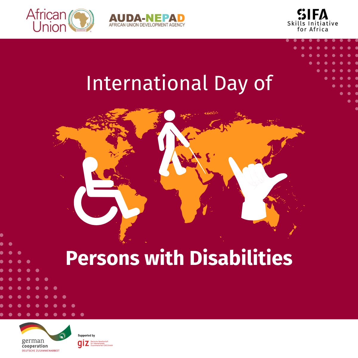 GIZAfricanUnion's tweet photo. It's #InternationalDayofPersonsWithDisabilities!

Today, we advocate for inclusive #TVET for a future where persons with disabilities can fully realise their potential.
Check out this policy brief on #ASPYEE outlining the steps for making TVET accessible: https://t.co/gtliC1mmCu https://t.co/017sLfC8bc