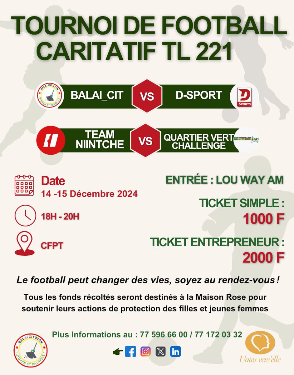 BalaiCit_'s tweet photo. 🚨🚨Update Tournoi CARITATIF
Les 1/2 finales opposeront :

@QuartierVert vs @TeamNiintche 

@BalaiCit_ vs @Dsports1_sn 

Date : le 14 Décembre 2024
Lieu : CFPT à partir de 18h

La finale aura lieu à Niarry Tally inshallah le 15 Décembre. https://t.co/58oqvmxBiC