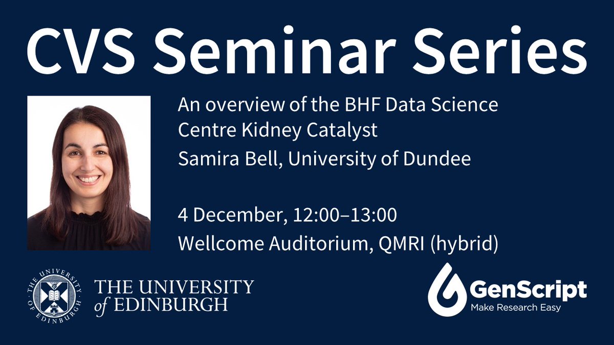 Find out more about the BHF Data Science Centre Kidney Catalyst with @SamiraBell76 <a href="/dundeeuni/">University of Dundee</a> in this week’s CVS Seminar!
🗓️ 4 December, 12:00–13:00
Wellcome Auditorium, QMRI <a href="/EdinburghBQ/">Edinburgh BioQuarter</a>
Join on Teams ➡️ edin.ac/4gbShtj