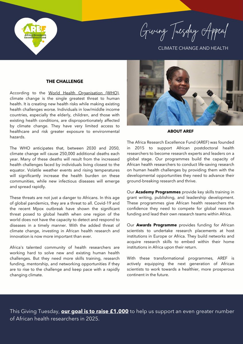Africa Research Excellence Fund (@aref_africa) on Twitter photo Climate change is the greatest threat to human health, worsening challenges for vulnerable communities. 🌎
This #GivingTuesday, triple your impact to support African health researchers tackling these urgent issues.
Donate today: app.givematch.com/fr/pfZdw5R5
#AREF #GivingTuesday2024 Climate change is the greatest threat to human health, worsening challenges for vulnerable communities. 🌎
This #GivingTuesday, triple your impact to support African health researchers tackling these urgent issues.
Donate today: app.givematch.com/fr/pfZdw5R5
#AREF #GivingTuesday2024