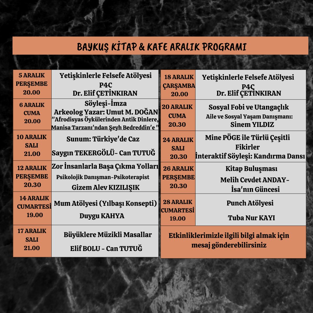 🥳 Baykuş Kitap Kafe'de Aralık yine dolu dolu. Elden ele yayalım 🤗🧿