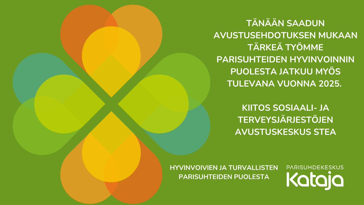 Tänään saadun avustusehdotuksen mukaan tärkeä työmme parisuhteiden hyvinvoinnin puolesta jatkuu myös tulevana vuonna 2025. Kiitos <a href="/STEA_fi/">STEA</a> ja yhteistyökumppanimme 🧡