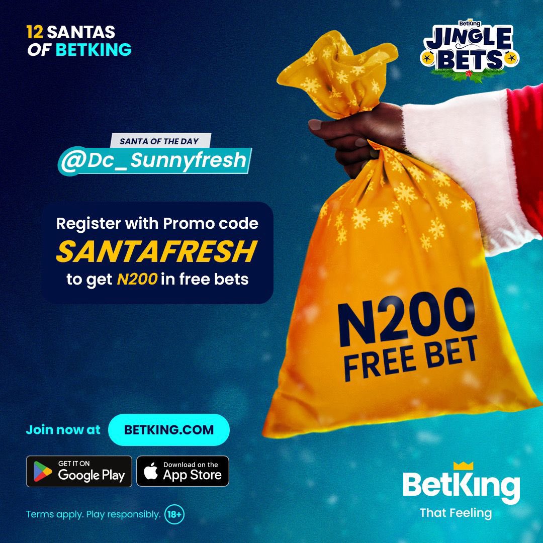 Dc_Sunnyfresh's tweet photo. AMAZING 
It's the KING'S JINGLE BETS Season 🎉🎄🎁🥳

You can call me "SANTAFRESH" 🎁🎅
I'll be your #Santa for today! 👑🙂‍↔️
Let's celebrate this Holiday with some wonderful Gifts from @BetkingNG.
I'll be Gifting 1000 New and Existing  Customers N200 in Free bets.🎁😉
  
Join us today! 🎁🤞
https://t.co/N8bXeR5MhN

Use my Promo Code:-👇👇👇

"SANTAFRESH"