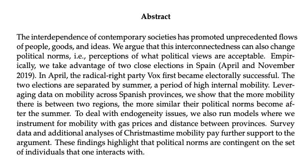Tarek Jaziri-Arjona (@tarekjaziri) on Twitter photo WORKING PAPER: Short-Term Mobility and Changes in Political Norms with <a href="/ValentimVicente/">Vicente Valentim</a>
🌐Link: osf.io/preprints/osf/…
Our interconnected world fosters unprecedented flows of people, goods, and ideas. Can this also reshape perceptions of what is politically acceptable? 🧵 WORKING PAPER: Short-Term Mobility and Changes in Political Norms with <a href="/ValentimVicente/">Vicente Valentim</a>
🌐Link: osf.io/preprints/osf/…
Our interconnected world fosters unprecedented flows of people, goods, and ideas. Can this also reshape perceptions of what is politically acceptable? 🧵