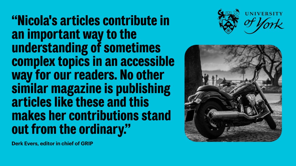 Sociology PhD researcher, Nicola Drew, has completed the last of five feature articles for GRIP, the Royal Dutch Motorcycle Federation magazine. 
Her pieces have covered a range of topics including motorcycle racing, women in motorcycling and superstitions in motorcycle cultures.