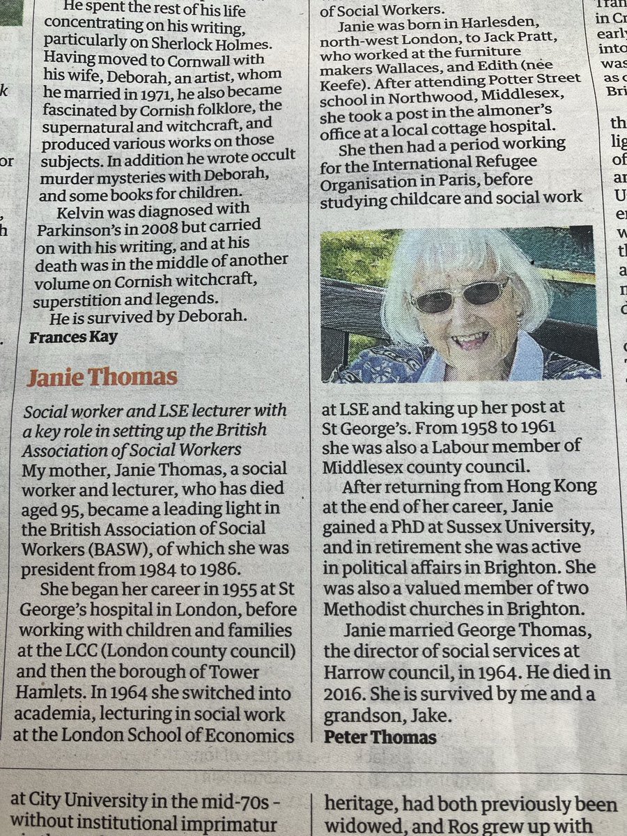 Delighted to see this #Guardian obituary today celebrating the life’s work of #socialworker Janie Thomas who was so instrumental in building ⁦<a href="/BASW_UK/">BASW</a>⁩