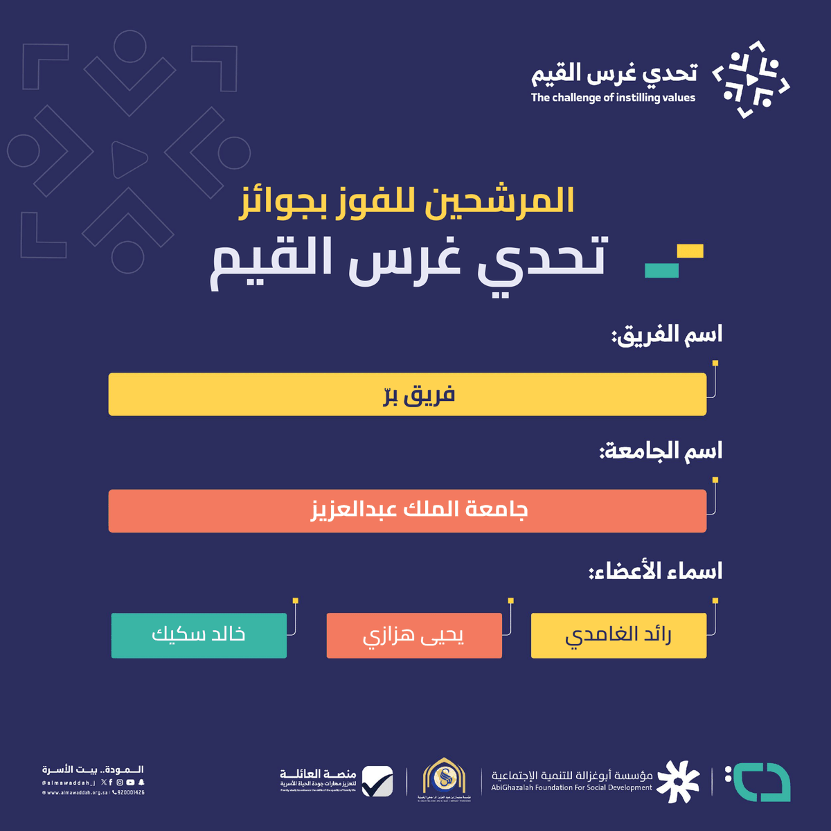 بدأت مرحلة التصويت لأفضل الأفلام المرشحة من 7 جامعات للفوز بجوائز مالية قيمة في مشروع صناعة الأفلام القيمة الأسرية في مسابقة #تحدي_غرس_القيم
شارك فريق (بِرّ) من (جامعة الملك عبدالعزيز) يقدم فيلمًا مؤثرًا يتحدى الإبداع

📽️ شاهد الفيلم المميز هنا: youtu.be/cjX3Co2hjnc

🌟 إذا