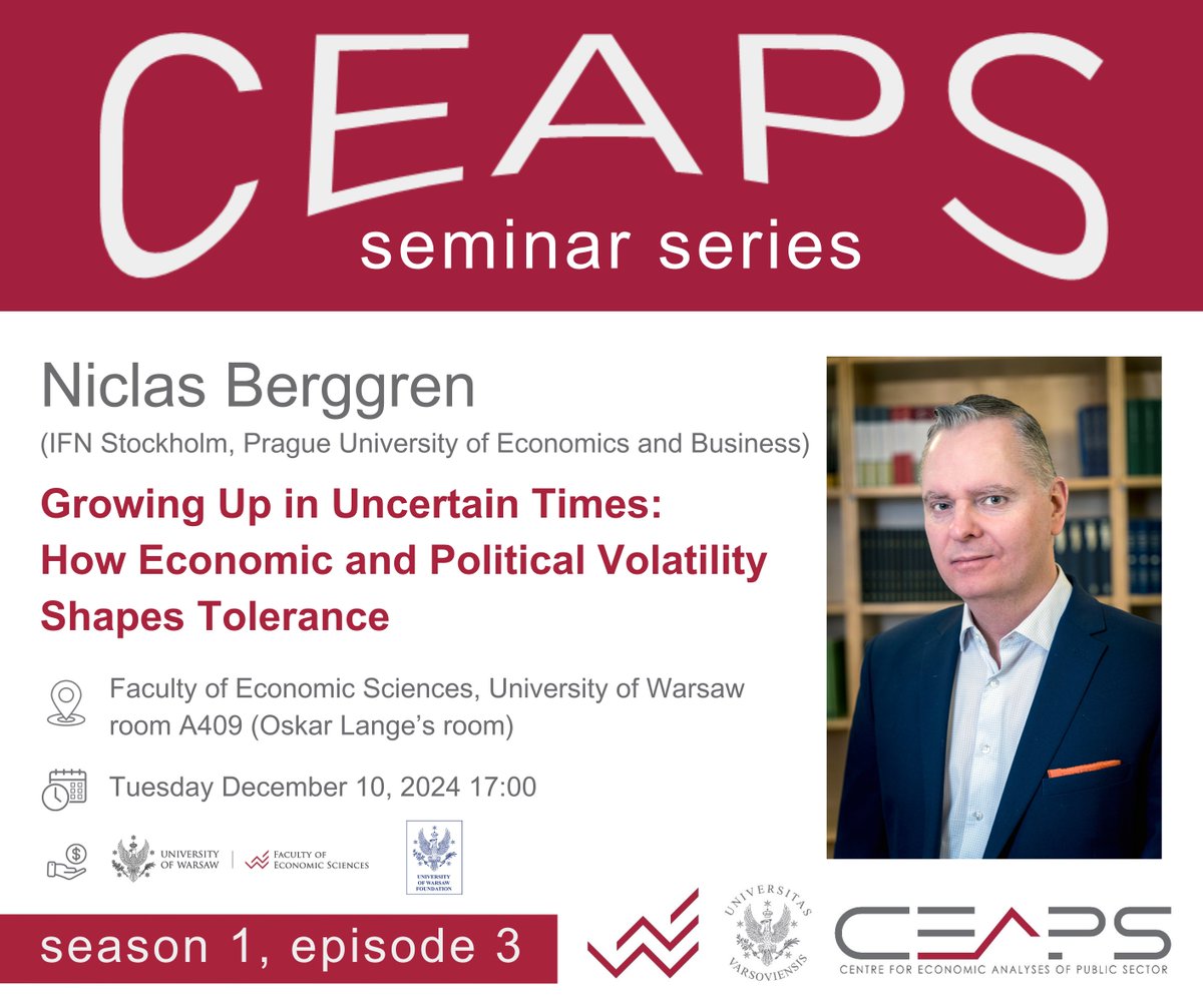 WNE_UW (@econuw) on Twitter photo Prof. <a href="/Nonicoc/">Niclas Berggren</a> gościem najbliższego seminarium ośrodka <a href="/ceaps_uw/">CEAPS - Centre for Econ. Analyses of Public Sector</a>. Zapraszamy na wykład „Growing Up in Uncertain Times: How Economic and Political Volatility Shapes Tolerance" – 10.12 br. o godz. 17:00 na <a href="/EconUW/">WNE_UW</a> <a href="/Uniwarszawski/">Uniwersytet Warszawski</a>. Szczegóły: wne.uw.edu.pl/badania-i-nauk… Prof. <a href="/Nonicoc/">Niclas Berggren</a> gościem najbliższego seminarium ośrodka <a href="/ceaps_uw/">CEAPS - Centre for Econ. Analyses of Public Sector</a>. Zapraszamy na wykład „Growing Up in Uncertain Times: How Economic and Political Volatility Shapes Tolerance" – 10.12 br. o godz. 17:00 na <a href="/EconUW/">WNE_UW</a> <a href="/Uniwarszawski/">Uniwersytet Warszawski</a>. Szczegóły: wne.uw.edu.pl/badania-i-nauk…