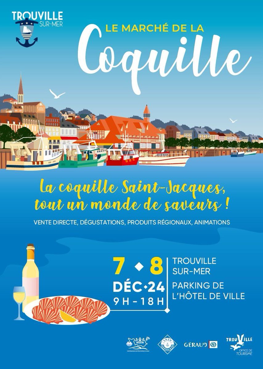 La coquille Saint-Jacques est à l'honneur les 7 et 8 décembre 2024 à Trouville-sur-Mer, avec l'incontournable Marché de la Coquille.

Profitez de la vente directe de coquilles (épluchées sur certains stands) et d’une sélection de produits régionaux pour ravir vos papilles.😋