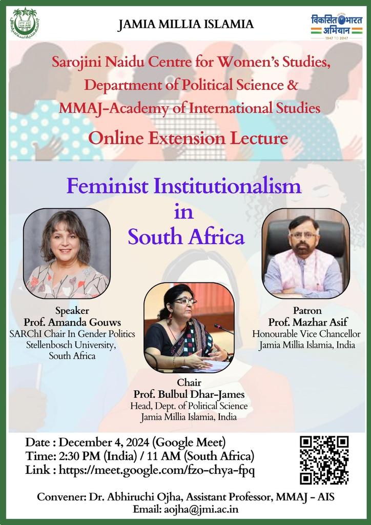 AbhiruchiO's tweet photo. Prof. Amanda Gouws on 'Feminist Institutionalism in South Africa', December 4th 2024 at 02:30 PM IST on Google Meet https://t.co/saJD7225nS
