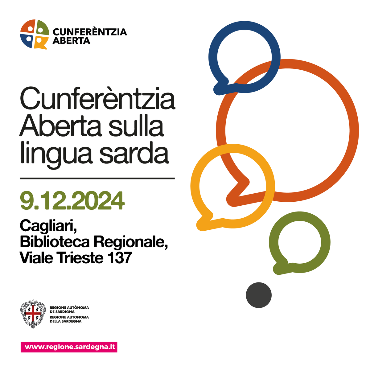 Reg_Sardegna's tweet photo. Il 9 dicembre si terrà a Cagliari la Cunferèntzia Aberta sulla lingua sarda, il catalano di Alghero e il sassarese, gallurese e tabarchino. È possibile seguire la Cunferèntzia anche online https://t.co/HmpgQWr4t4
#SardegnaIstruzione #linguasarda #limba #limbasarda https://t.co/aOTQXj8mmW