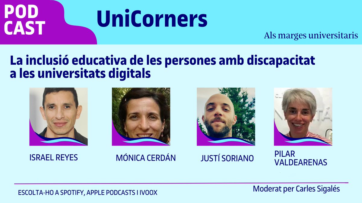 💪El Dia Internacional de les Persones amb Discapacitat llancem el capítol 5 d'#Unicorners amb Israel Reyes, Mónica Cerdán, Justí Soriano, Pilar Valdearenas i Carles Sigalés  per parlar dels obstacles en l'accés i com facilitar l'entrada d´aquest alumnat
🎙️tinyurl.com/4w6a7kfm