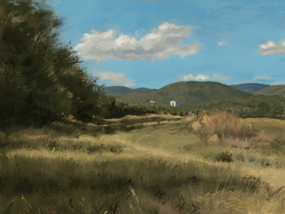 Jednou za rok namaluju krajinku. Díval jsem se na ty starší věci a říkal si, že mám trochu plochý rozsah světla a stínů. Schválně jsem proto jako předlohu vzal fotku, kde se spolu potkávají. Ještě mám na čem pracovat, ale posun tam vidím. Malované digitálně.