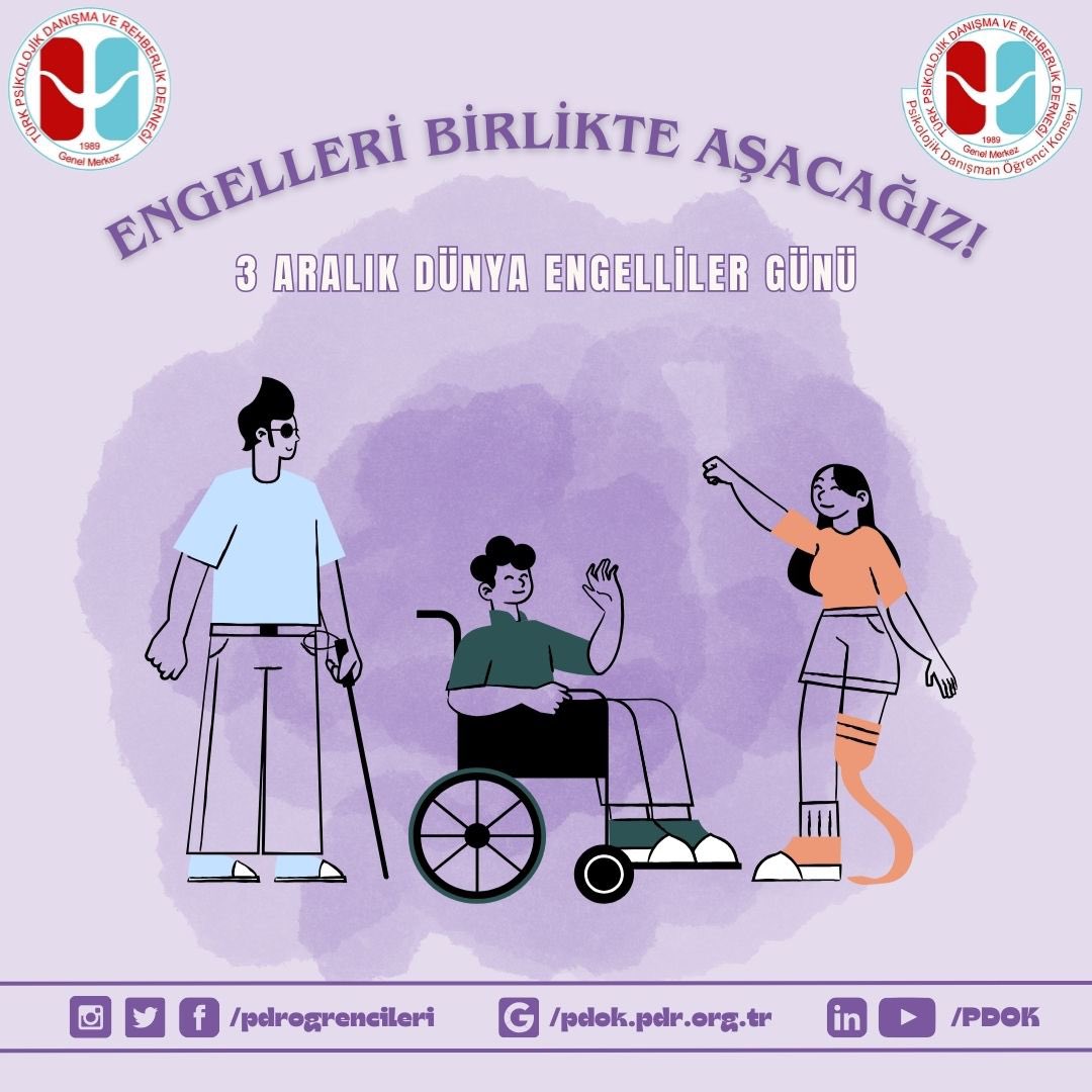 3 Aralık Dünya Engelliler Günü’nde değil her gün her yerde farkında olalım. ❣️

Asıl engelin zihinlerdeki düşünceler, kalplerdeki sevgisizlik olduğunu biliyoruz. Bu engelleri aşmanın yolu empati, anlayış ve dayanışmadan geçiyor.

<a href="/turkpdrdernegi/">Türk PDR Der- Psikolojik Danışma ve Rehberlik</a> 
<a href="/pdrogrencileri/">PDOK</a>