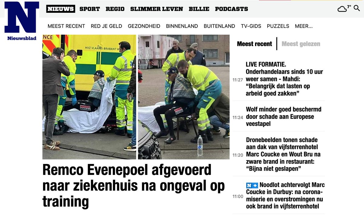 Top story with Belgian newspapers is Remco Evenepoel has had an accident while out training, Het Laatste Nieuws reports a collision with a postal vehicle. He's been taken to hospital, Belgian media will have updates soon