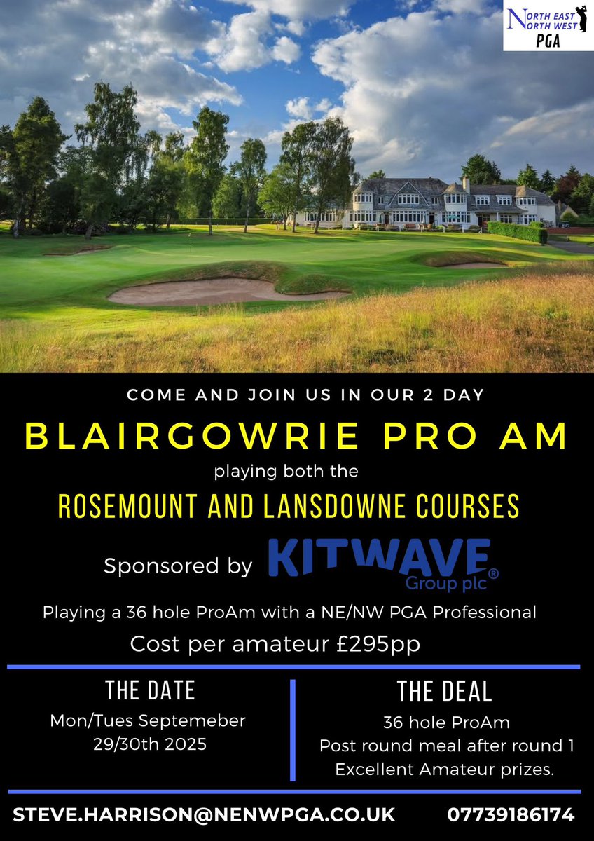 Fresh on the back of our Spring ProAm, we’re delighted to launch our September trip to Bonnie Scotland 🏴󠁧󠁢󠁳󠁣󠁴󠁿

This time we'll be visiting the fantastic Blairgowrie Golf Club, playing both the Rosemount and Lansdowne courses!

☎️ 07739186174
✉️ steve.harrison@nenwpga.co.uk