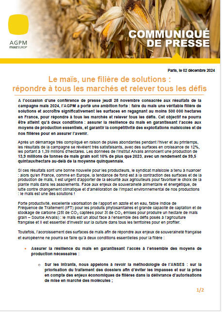 AGPM_mais's tweet photo. 🌽📢[CP] Le #maïs , filière de solutions : 
Répondre à tous les marchés et relever tous les défis 💪
L'AGPM affiche une ambition forte : ↗️accroître les surfaces en regagnant au moins 500 000 ha en France 🇫🇷
Conditions pour atteindre cet objectif :
1⃣ assurer la résilience du maïs en garantissant l’accès aux moyens de production essentiels,
2⃣ garantir la compétitivité des exploitations maïsicoles et de nos filières pour en assurer l’avenir.

⬇️Charger le CP https://t.co/eJ7bWdCFb4