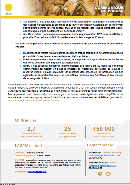 AGPM_mais's tweet photo. 🌽📢[CP] Le #maïs , filière de solutions : 
Répondre à tous les marchés et relever tous les défis 💪
L'AGPM affiche une ambition forte : ↗️accroître les surfaces en regagnant au moins 500 000 ha en France 🇫🇷
Conditions pour atteindre cet objectif :
1⃣ assurer la résilience du maïs en garantissant l’accès aux moyens de production essentiels,
2⃣ garantir la compétitivité des exploitations maïsicoles et de nos filières pour en assurer l’avenir.

⬇️Charger le CP https://t.co/eJ7bWdCFb4