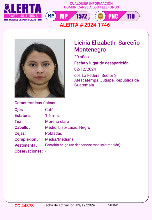 #AlertaIsabelClaudina
🚨 Ayúdenos a encontrar a
Liciria Elizabeth Sarceño Montenegro
Desapareció el 02 de diciembre de 2024
Cualquier información comunicarse al teléfono 📞 1572
Gracias por difundir esta información❗