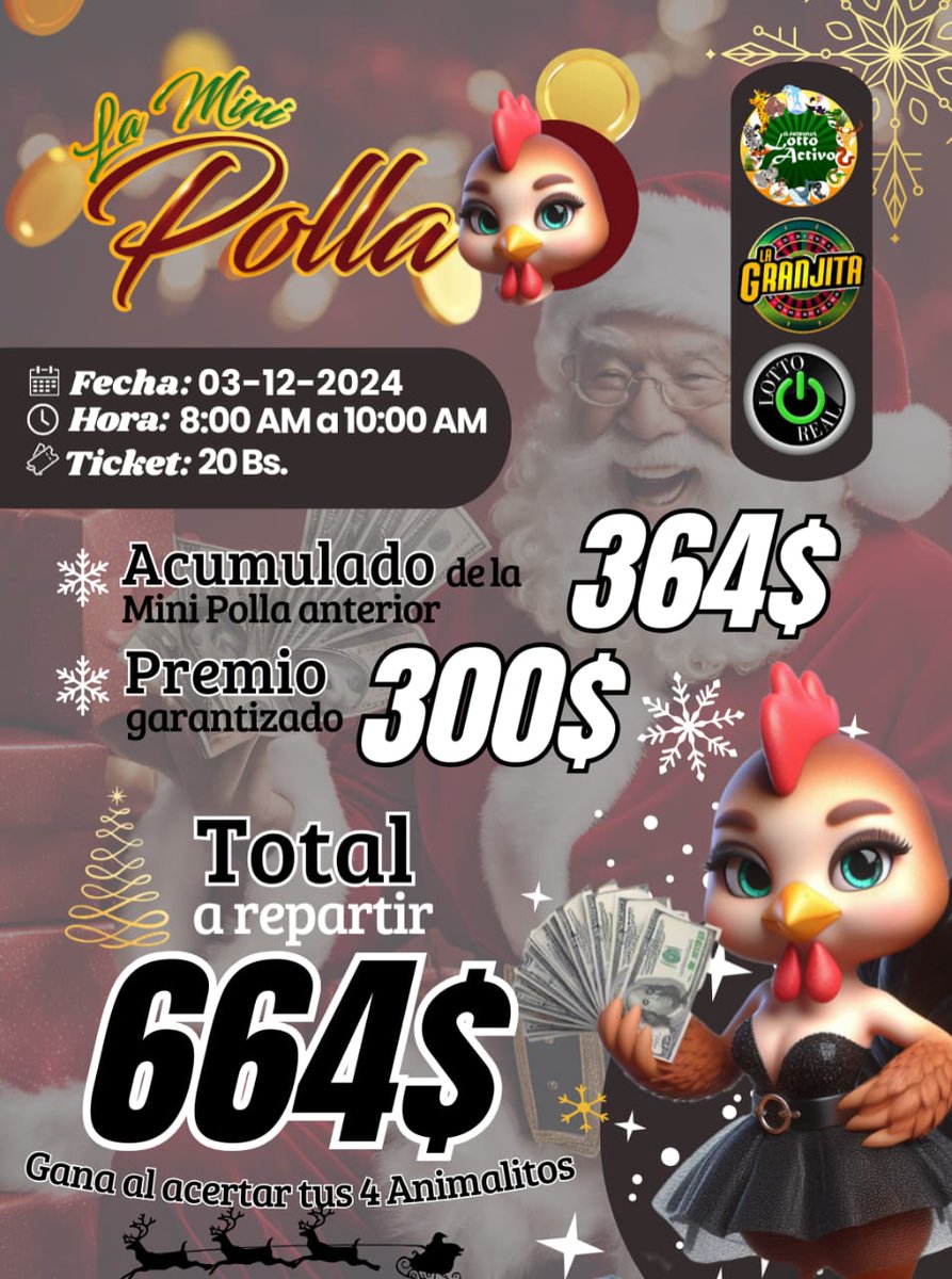 ### ¡Ponte las pilas y sella tu mini polla!

Asegúrate de sellar tu mini polla antes de las **8:00 AM**

El costo de cada combinación por tan  solo **20 bolívares**! 

Escribe al privado
wa.link/183cji
para sellar, ligar ¡y ganar! 🥳✨ ¡No te lo pierdas!