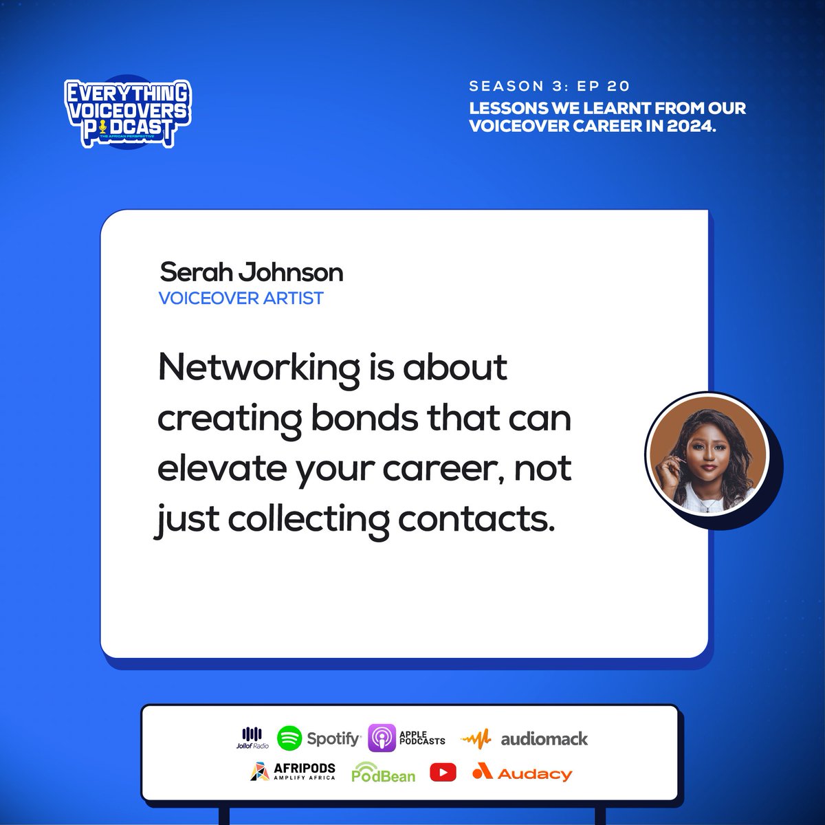 EverythingVOs's tweet photo. Here are some insightful quotes from last episode by Serah Johnson 
You can still listen now. S3E20 
https://t.co/8Et0oijxvc
#serahjohnson #voiceactors #podcastfinale #voiceoverlessons #networkingtips #mustlistenpodcast #everythingvoiceovers https://t.co/67aPS9RqUP
