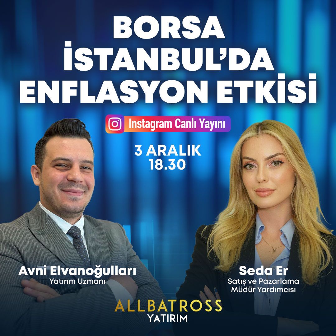 Bugün Allbatross Yatırım Instagram sayfamızda saat 18.30'da Avni Elvanoğulları ile Seda Er ''Borsa İstanbul'da Enflasyon Etkisi'' başlığı altında konuşacaklar.

Allbatross Yatırım'da hesap açmak için; 
hesapac.allbatrossyatirim.com

<a href="/AvniElvanoglu/">Avni Elvanoğulları</a> <a href="/1sedaer/">Seda Er</a>

#allbatrossyatırım #hisse