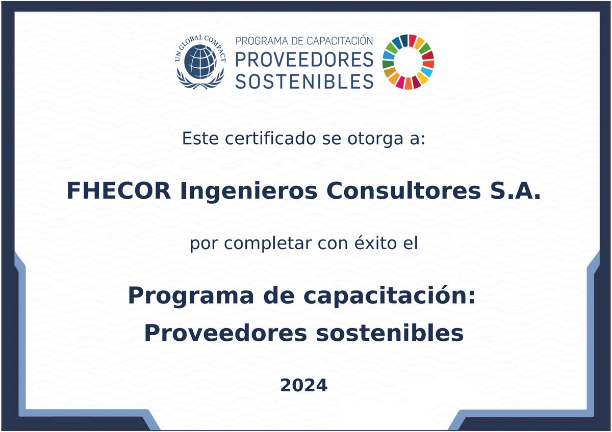 FHECOR has completed the UN Global Compact Spain's 2024 Sustainable Suppliers Program, boosting our expertise in sustainability, SDGs, equality, and more!