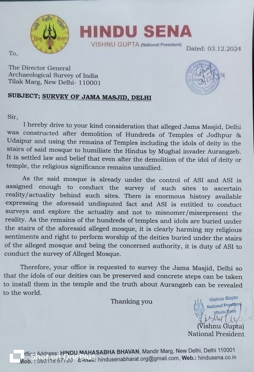 HateDetectors's tweet photo. Hindu Sena’s national president, #VishnuGupta, has written to the Director General of the Archaeological Survey of India (#ASI), demanding a survey of #Delhi’s #JamaMasjid. Gupta claims that #Mughal emperor #Aurangzeb demolished #KrishnaTemples in #Jodhpur and #Udaipur and embedded the remains of idols on the stairs of Jama Masjid. He cited Aurangzeb Nama, also known as Masir-e-Alamgiri, written by Saqi Mustaq Khan, as evidence for his claims.

Gupta referred to a passage in Masir-e-Alamgiri that mentions events from Sunday, 24-25 May 1689. According to the text, Khan Jahan Bahadur, a general under Aurangzeb, returned from Jodhpur after destroying temples, looting them, and breaking idols. The biography states that Aurangzeb was pleased with this act and ordered the broken idols to be sent to Delhi on bullock carts.

Hindu Sena has demanded that ASI conduct a survey of Jama Masjid to verify the presence of these remains. Gupta stated that if found, the remnants should be retrieved and reinstated in temples to expose the historical atrocities committed by Aurangzeb.

This is not the first time Vishnu Gupta has been involved in such matters. He previously filed a petition in the #AjmerDistrictCourt seeking a survey of the #AjmerSharifDargah, which he claims was originally the #SankatMochanTemple. The court accepted the petition, and the next hearing is scheduled for 20 December.

Gupta, who has faced backlash for his statements, recently received a death threat. Three days ago, he received a call from #Canada in which the caller threatened to behead him. According to Gupta, the caller said, “Your head will be chopped off. You’ve made a grave mistake by filing a case against the #AjmerDargah. You will not be spared.”
