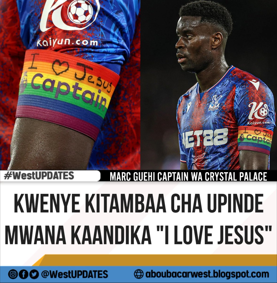 West_Updates20's tweet photo. Marc Guehi anaweza kuadhibiwa na chama cha soka nchini Uingereza (FA) kwa kuandika 'I Love Jesus' kwenye kitambaa cha unahodha alichokivaa kitambaa hicho kilichokuwa kina rangi za kampeni ya kutetea mapenzi ya jinsia moja beki huyo akaandika maneno hayo kwa juu ya kitambaa hicho https://t.co/kEZanz7VAB