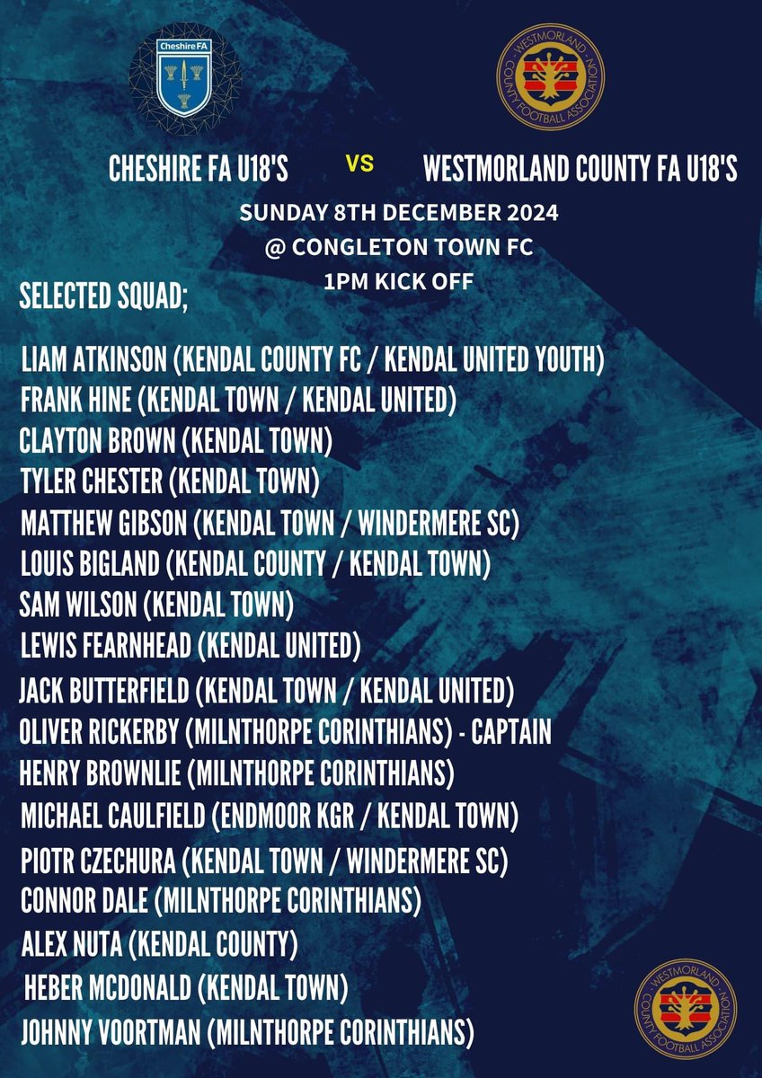 This Sunday our Westmorland County FA Under 18 Boys squad are back in action as they face Cheshire FA at Congleton Town FC!

Last year we had a thrilling 2-2 draw against our friends from Cheshire, so we are looking forward to another fantastic game this weekend.

Squad below 👇