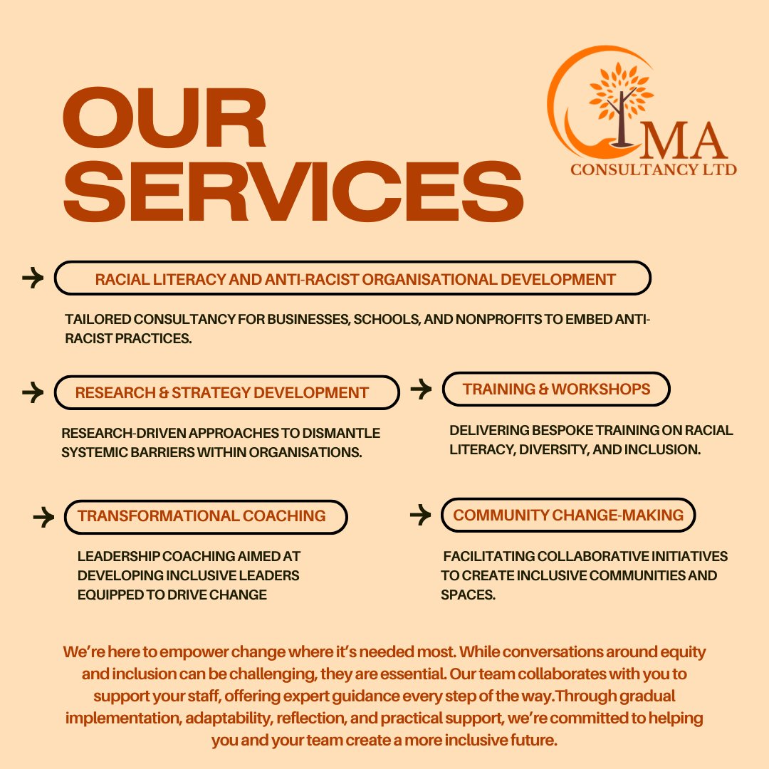 ma_consults's tweet photo. Empowering change where it’s needed most!

🔸 We’re here to empower meaningful change and support organisations in creating inclusive workplaces and communities.

Contact:
 admin@ma-consultancy.co.uk
Via email to get started 

#Equity #Inclusion #DiversityTraining https://t.co/7yG53slRPW