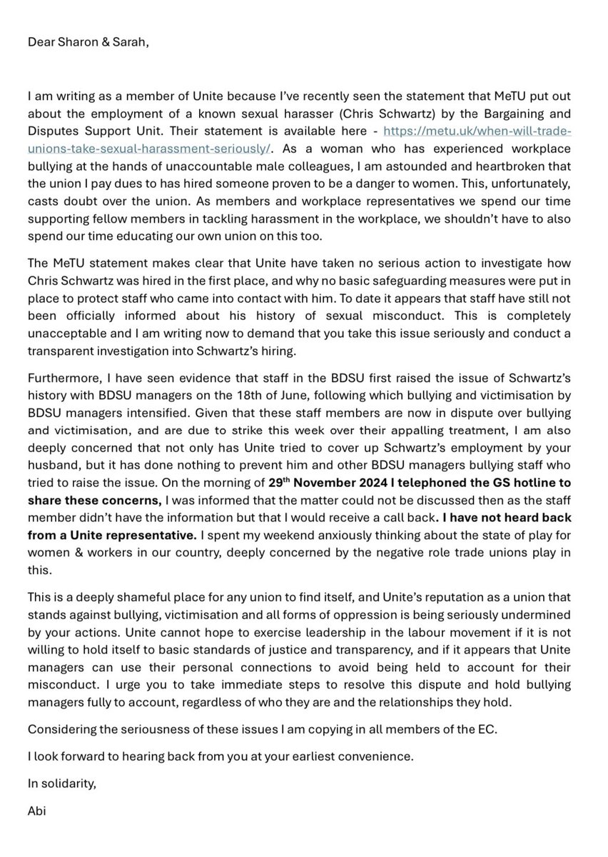 I’ve written to <a href="/UniteSharon/">Sharon Graham</a>, Sarah Carpenter &amp; Unite’s Exec Committee expressing my concerns regarding the recent revelations of bullying, victimisation &amp; union-busting

Last week I called the GS hotline &amp; was told I’d be contacted by Unite…

I’m yet to receive any response