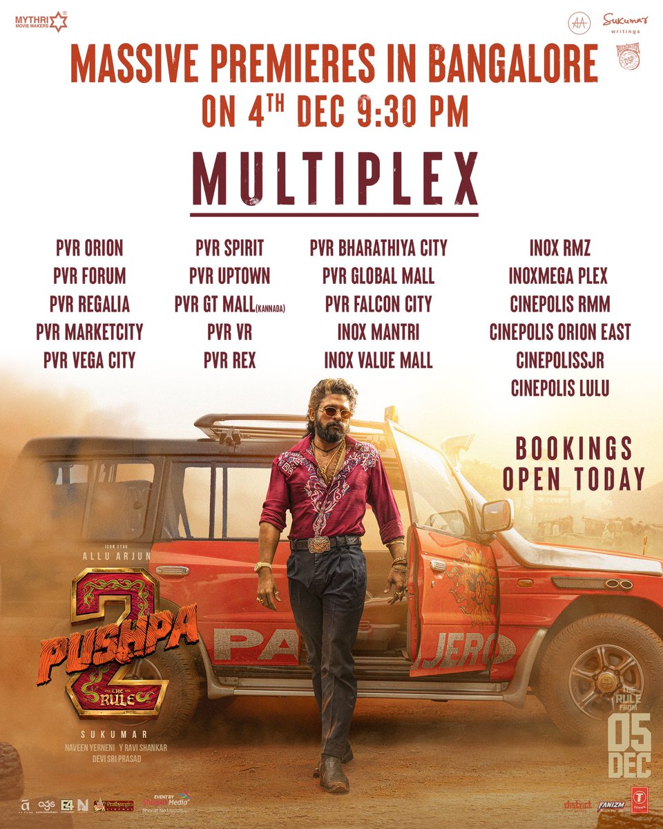 ursHemanthRKO's tweet photo. #Pushpa2TheRule Premieres Confirmed in Bangalore 💥💥

Below is the Theatres List 

Premieres tomorrow at 9.30 PM

#Pushpa2TheRuleOnDec5th https://t.co/KTkGV5S7E4