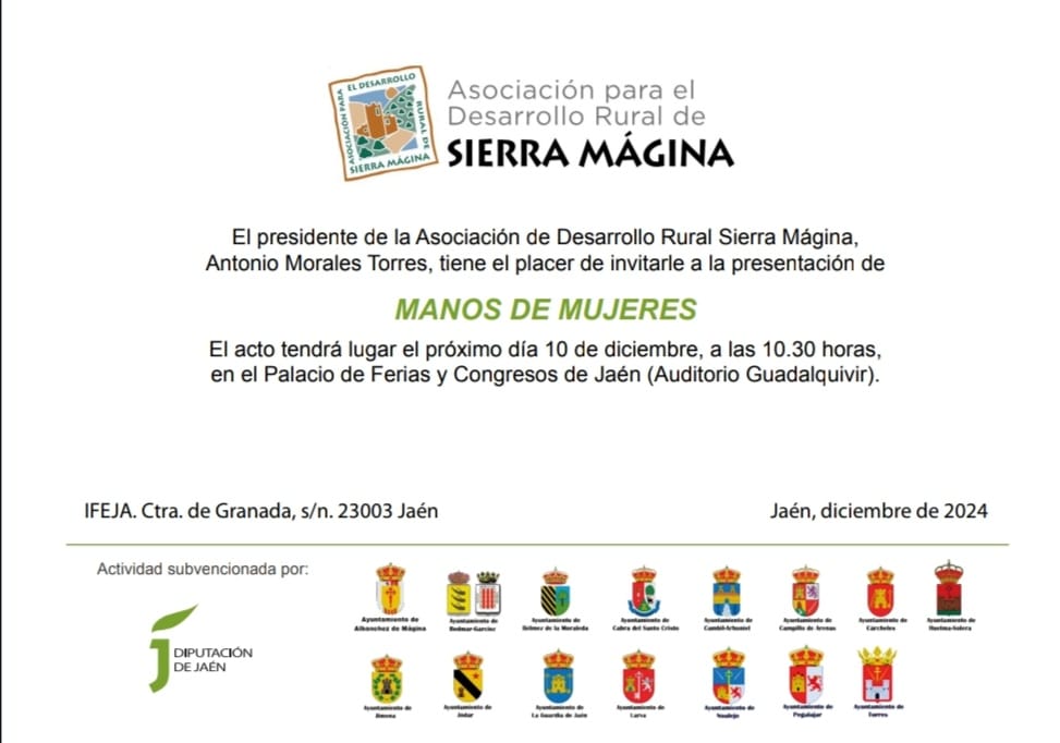 #ManosdeMujer
La Inauguración de sus trabajos se hará el día 10 en el <a href="/FERIASJAEN/">IFEJA FERIAS JAEN</a>, junto al resto de trabajos de los pueblos de #SierraMagina. En nuestro municipio será el día 13 de Diciembre.
Desde aquí.