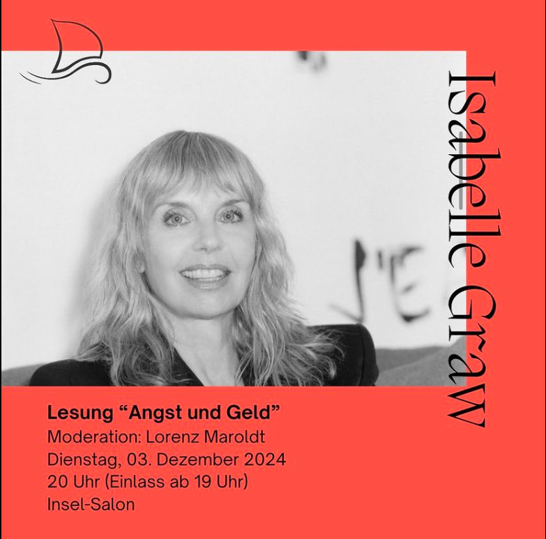 Angst und Geld: Vom einen zu viel, vom anderen zu wenig. Heute Abend spricht Isabelle Graw im Insel-Salon am Historischen Hafen über beides. Kommt gerne vorbei: Märkisches Ufer, Schiff Helene.