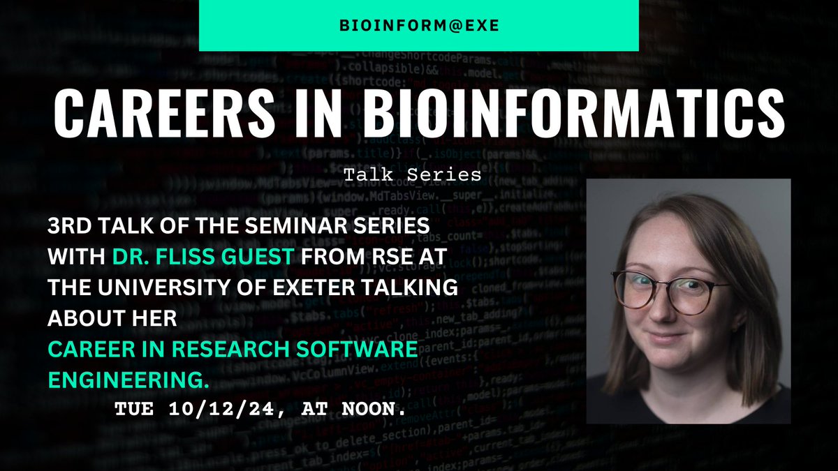 Bioinform@Exe (@bioinformatexe) on Twitter photo "Careers in Bioinformatics" goes into round 3 with Dr. Fliss Guest from RSE <a href="/UniofExeter/">University of Exeter</a>
talking about her career in research software engineering on the 🔟th of Dec at noon🕛. #JoinUs on Teams shorturl.at/hNeDt "Careers in Bioinformatics" goes into round 3 with Dr. Fliss Guest from RSE <a href="/UniofExeter/">University of Exeter</a>
talking about her career in research software engineering on the 🔟th of Dec at noon🕛. #JoinUs on Teams shorturl.at/hNeDt