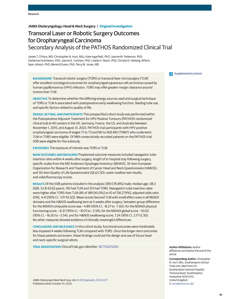 A transoral laser microsurgery approach to HPV-positive oropharyngeal squamous cell carcinoma may cause moderately less impairment to swallowing and quality of life over the first 4 weeks following surgery. ja.ma/3AFoTN2