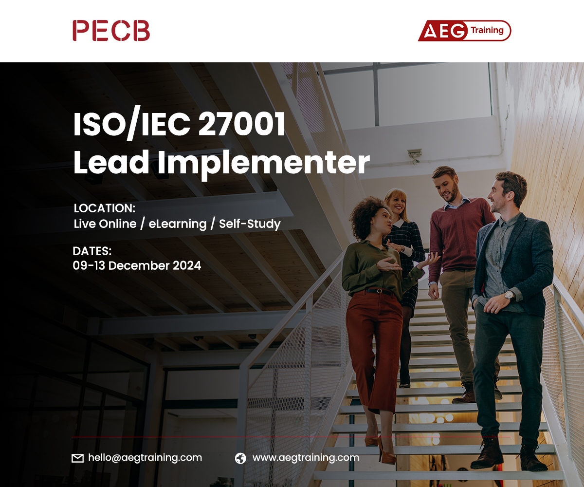 PECB (@pecb) on Twitter photo Join our partner AEG Training on their upcoming ISO/IEC 27001 Lead Implementer training course.
For additional information please contact hello@aegtraining.com Join our partner AEG Training on their upcoming ISO/IEC 27001 Lead Implementer training course.
For additional information please contact hello@aegtraining.com