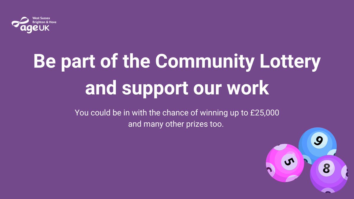 Be part of the #CommunityLottery.

Tickets cost £1. You could win up to £25,000 + many other prizes too. 

We receive 50% of the ticket price for our work supporting local communities.

Get tickets ➡️ ow.ly/7Eqp50QzjFX

Good luck! 🍀

#CharityTuesday #SupportOlderPeople