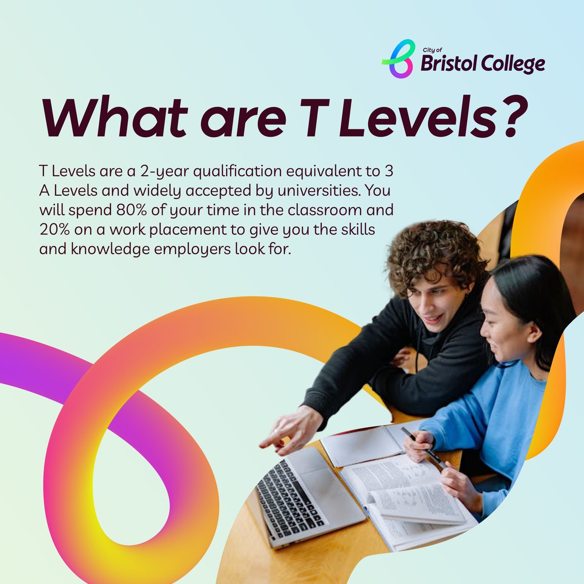 ✨What are T Levels?✨

T Levels are a 2-year course equivalent to 3 A Levels that have been developed in collaboration with employers and education providers to meet the needs of specific industries.🎓🍎

#MyBristolCollege #WhereNext #TLevels #TLevelWeek