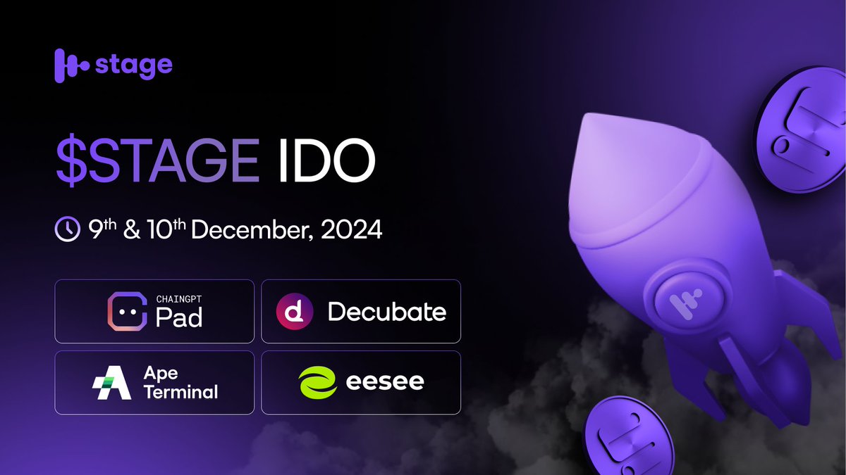 The moment you’ve all been waiting for is finally here!🚀STAGE IDO is coming on December 9th &amp; 10th to <a href="/ChainGPT_Pad/">ChainGPT Pad</a> , <a href="/decubate/">Decubate</a> , @apeterminal and <a href="/eesee_io/">eesee.io</a>. Big things are happening - this is just the beginning!💥Buckle up!