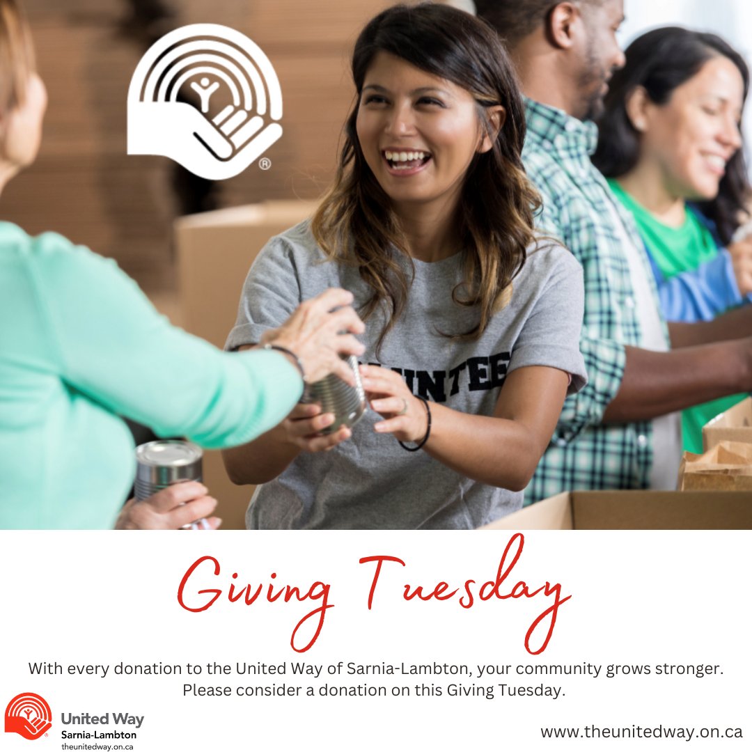 Today is Giving Tuesday! 

Your contributions to the United Way of Sarnia-Lambton will support 17 agencies and 29 local programs.

If you would like to make a donation, please go to the following link: donate.uwatwork.com/donor/1002C573…

Thank You!

#UnitedWaySarLam #GivingTuesday